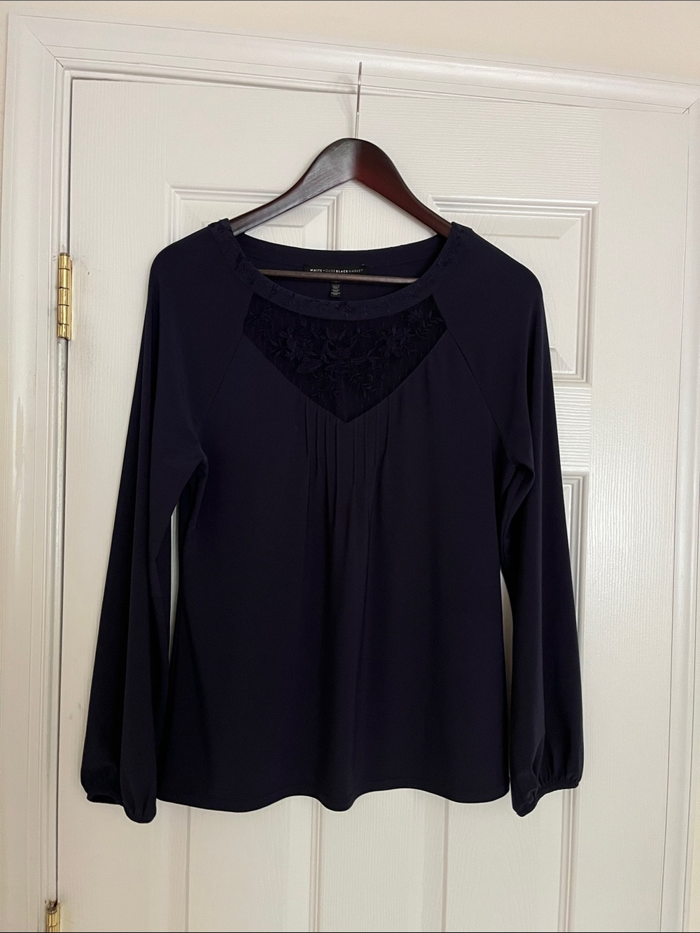 White House Black Market Dark Navy Blouse with Lace & Embroidery